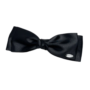Classic black satin double-layer bow hair clip with silver metal logo tag for women