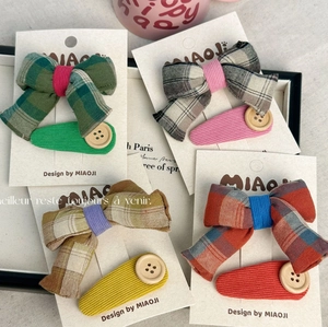 Barrettes à Cheveux Nœud en Tissu à Carreaux pour Filles Texture Velours Bouton en Bois Pinces BB Style Coréen Accessoires Coiffure