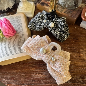 French Style Tweed Bow Hair Claw Clip With Faux Artificial Pearl Elegant Vintage Hair Catch Barrette For Women Hair Accessories