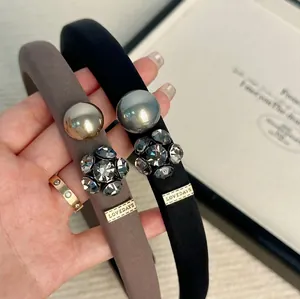 French luxury sponge headbands in black and coffee with elegant pearls and rhinestone flowers
