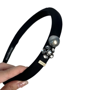 French luxury black sponge headband with grey pearl and crystal flower details