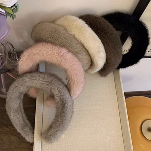 Set of six plush faux fur headbands in neutral colors with a wide-brim thick design