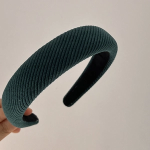 French style dark green knitted sponge headband with vintage wide brim and ribbed texture