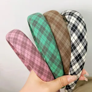 French Vintage Plaid Sponge Headband For Women Wide Brim High Top Fabric Hair Band Autumn Winter Hair Accessories