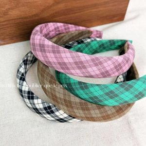 Retro plaid sponge headbands in pink, brown, green, and black-white checkered fabric