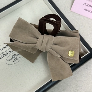 Maillard style khaki suede bow shark clip with gold fashion metal tag for hair