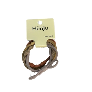 Three-piece set of high-elasticity hair bands in brown, grey, and yellow with bow detail