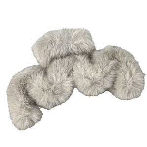 Light gray faux fur wavy hair claw clip with plush texture for winter hairstyles