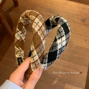 Vintage Plaid Tweed Headband Puffy High Top Checkerboard Hair Hoop Preppy Style Woven Handmade Hair Accessories For Women
