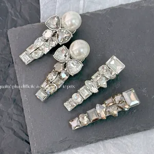 Elegant Alloy Rhinestone Artificial Pearl Hair Clip Korean Style Sparkly Geometric Bow Duckbill Clip Women Jewelry