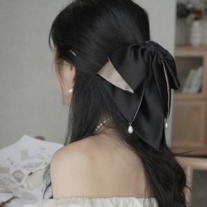 Elegant black satin ribbon bow hair claw clip with teardrop pearl pendant for women