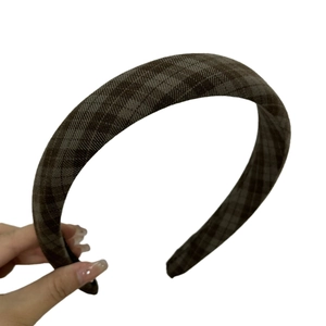 Retro dark brown plaid wide sponge headband for high cranial top aesthetic styling