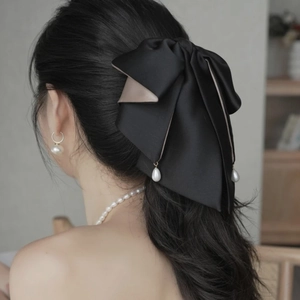 Elegant black satin bow hair clip with three teardrop pearl pendants for women