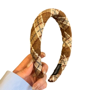 Maillard brown plaid headband in vintage tweed fabric with handmade label detail