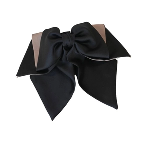 Elegant large multi-layer satin bow hair claw clip in classic black and champagne gold