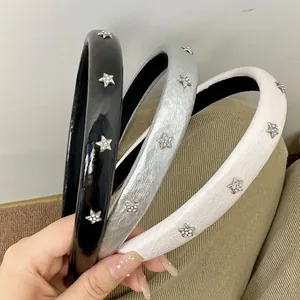 Three-piece star headband set in black silver and white faux leather with rhinestone accents