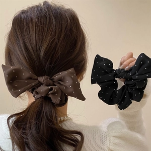 Elegant Satin Bow Scrunchie With Rhinestone Large Intestine Hair Ring For Women Sweet Ponytail Holder Hair Accessories