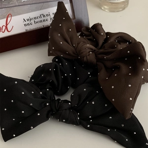 Elegant satin bow scrunchies with silver rhinestones in black and dark brown colors