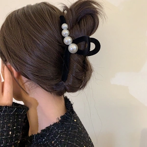 Elegant black velvet hair claw with pearls for French style retro updo hairstyles