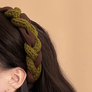 Retro dark green chunky knit headband for women with elegant French twisted braid design