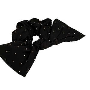 Elegant black bow scrunchie with silver rhinestones for ponytail hairstyles