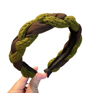 Retro moss green and coffee brown braided knit headband with thick twisted design