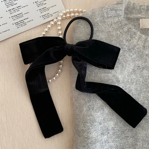 French Vintage Black Velvet Bow Scrunchie With Long Streamer Elegant Hair Tie For Women Girls Retro Style Hair Accessory