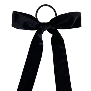 Elegant French vintage black velvet hair scrunchie with long ribbon bow hair accessory