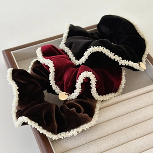 French Vintage Velvet Scrunchies With Faux Artificial Pearl Trim And Metal Pendant Elegant Elastic Hair Ties For Women Daily Accessory