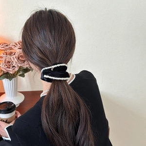 French velvet scrunchie with pearls for women, elegant black elastic hair tie for buns
