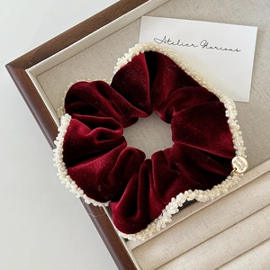 French vintage burgundy velvet scrunchie with white beads and a gold handmade charm