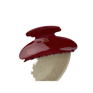 Elegant deep red acetate hair claw clip with golden France Handmade lettering on white