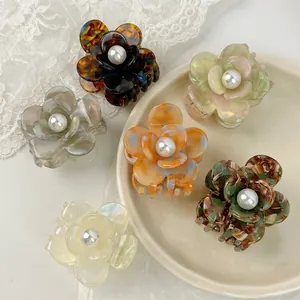 Lot de 6 pinces à cheveux fleurs en acétate avec perles, motifs écaille et marbre