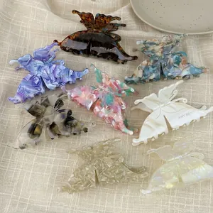 French Vintage Butterfly Hair Claw Clip Acetate Marble Texture Shark Hair Clip Elegant Large Hair Accessories For Women Daily Styling