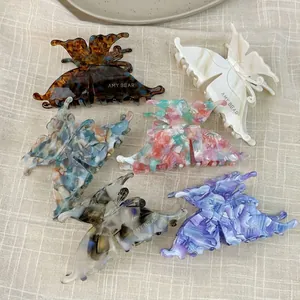 Set of 6 French vintage butterfly hair claws in marble and tortoiseshell acetate