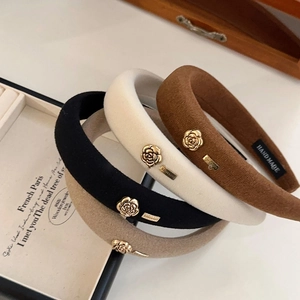 Retro velvet padded camellia headbands in black, brown and white with gold rose details