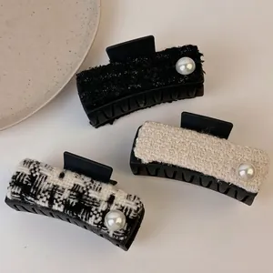 Three-piece set of elegant tweed hair claws with pearls in black, cream, and plaid