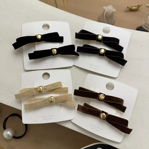Set of vintage velvet bow hair clips with gold beads in black beige and brown tones