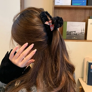 Plush faux fur shark hair clip with red green plaid bow for elegant women hairstyles