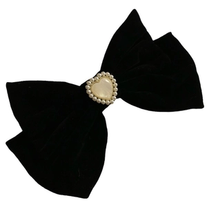 French vintage black velvet bow hair clip with pearl heart center for elegant hairstyling