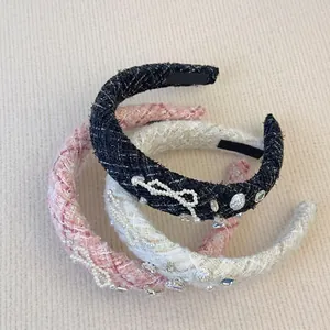 Vintage Tweed Artificial Pearl Bowknot Wide Headband Elegant Rhinestone Handmade Hair Band For Women Daily Party Hair Accessories