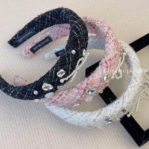 Three-piece tweed headband set with pearls and rhinestones in classic vintage style
