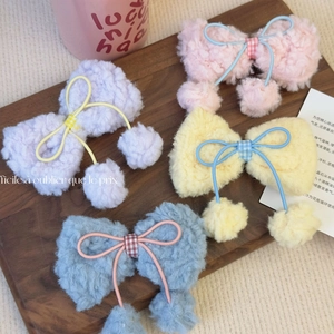 Barrette à cheveux mignonne en laine d'agneau avec nœud aux couleurs de macaron