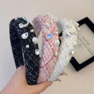 Three elegant vintage tweed headbands with pearls and crystals in black, pink, and white