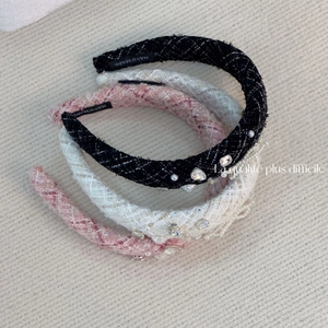 Three-piece tweed headband set with pearls and crystals in black, white, and pink