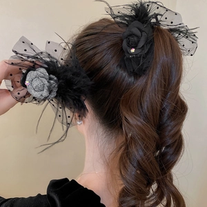 Molla per capelli vintage francese con rete a pois e strass su coda di cavallo alta