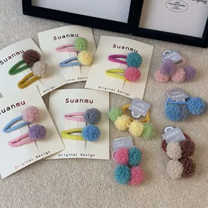Children's Colorful Pom Pom Hair Clips And Hair Ties Set Plush Wool Felt Contrast Color BB Clips Fringe Pins For Girls Accessories