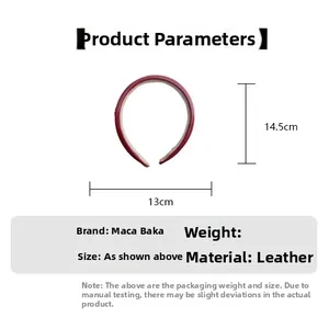 Detailed view of dark red PU leather headband with dimensions 13cm width and 14.5cm height