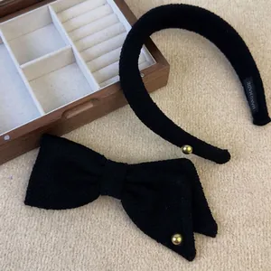 Elegante Fermaglio per Capelli con Fiocco in Tweed Nero e Cerchietto con Fibbia Dorata Accessori per Capelli Stile Coreano per Donna