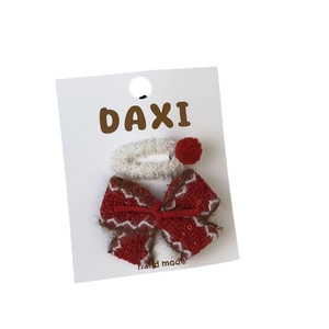 Red tweed bow and white plush ball BB hair clip set for girls' festive New Year hair style